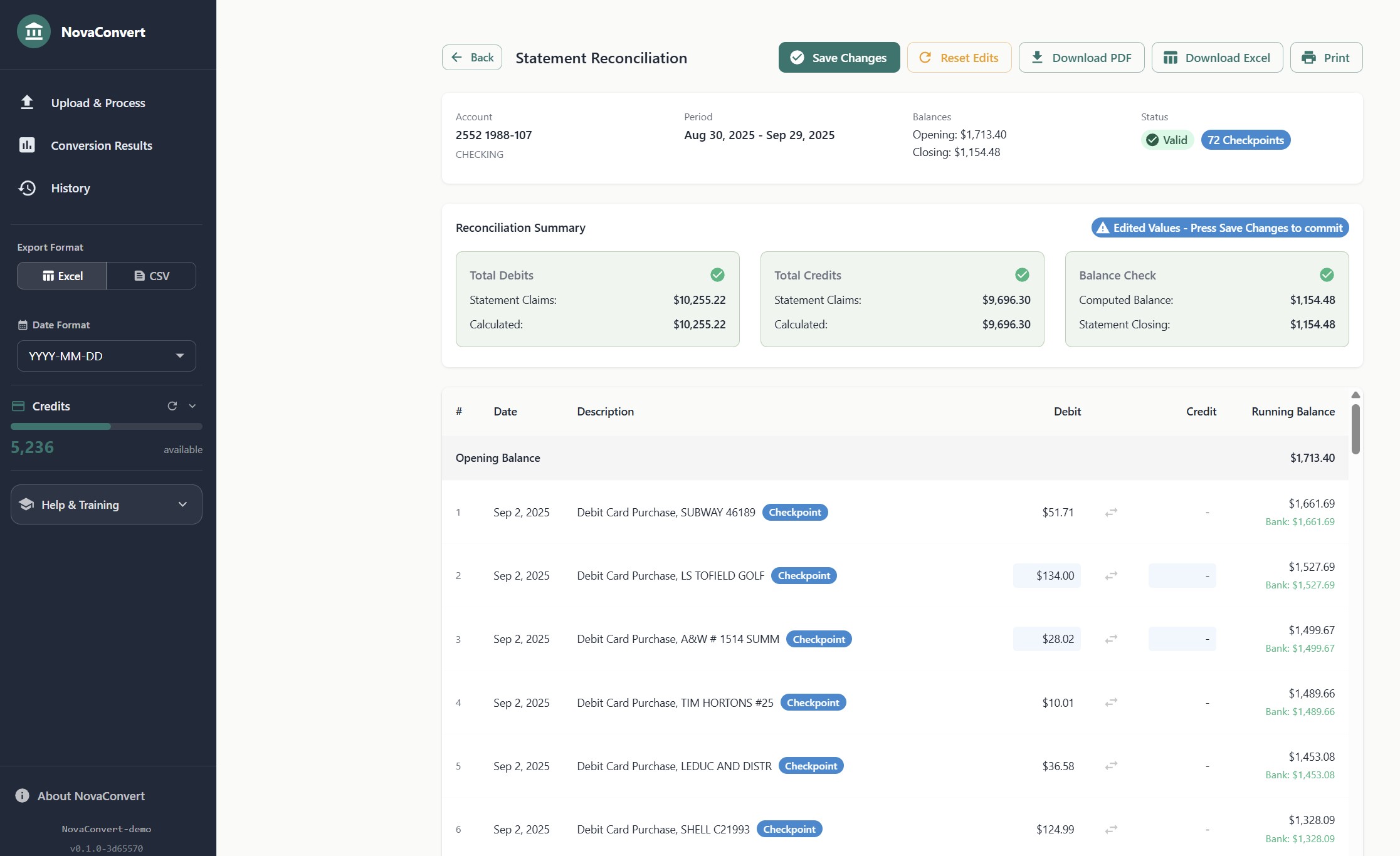 NovaConvert reconciliation page with balance validation and Checkpoint indicators