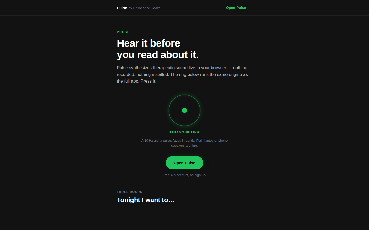 Pulse by Resonance Health — 'Hear it before you read about it.' A live in-browser sound-therapy synthesizer.
